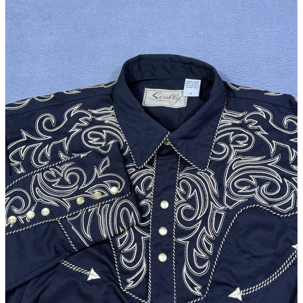 Scully Western Shirt Mens XS Black Golf Embroidery Pearl Snap Shotgun Smile USA